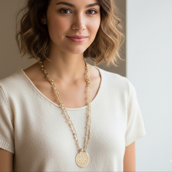 Jewelry - Filigree Disk Long Crochet Necklace